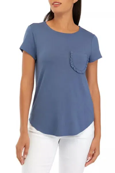Truedames Crew Neck Cap Sleeve Chest Pocket Stretch Crepe Top In Blue