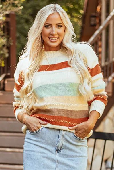 Truedames Crew Neck Drop-shoulder Striped Color Block Sweater In Multi