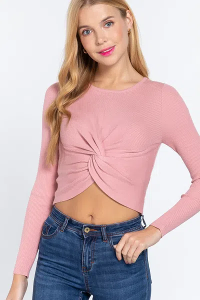 Truedames Crew Neck Knotted Crop Sweater In Pink