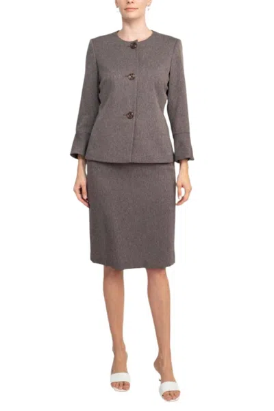 Truedames Crew Neck Long Sleeve 3 Button Pockets Zipper Back Slit Back Crepe Skirt Suit In Gray