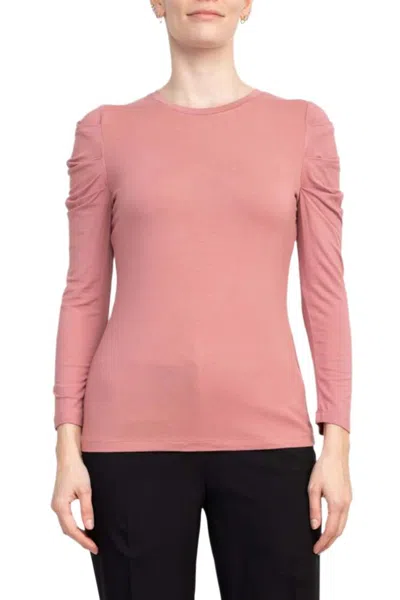 Truedames Crew Neck Long Sleeve Ruched Shoulder Solid Knit Top In Pink