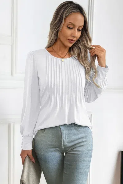 Truedames Crew Neck Pleated Long Puff Lantern Sleeve Knit Shirt In White