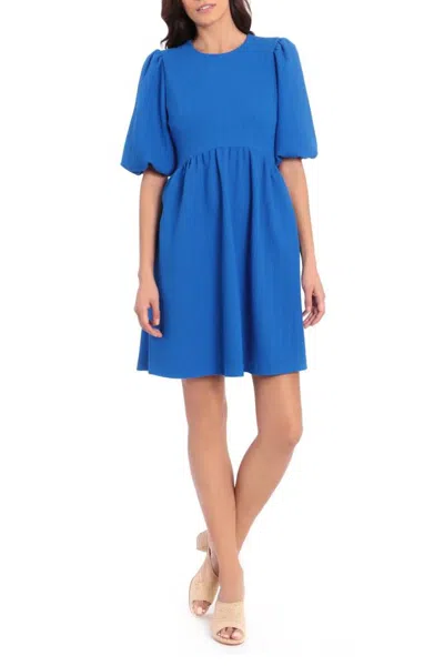 Truedames Crew Neck Puff Short Sleeves Back Zipper Short Knit Dress In Blue