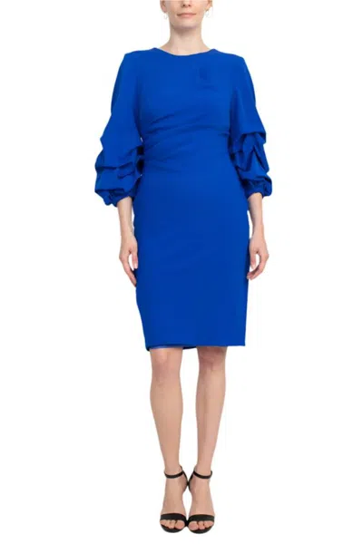 Truedames Crew Neck Ruched 3/4 Sleeve Scoop Back Zipper Back Solid Crepe Dress In Blue