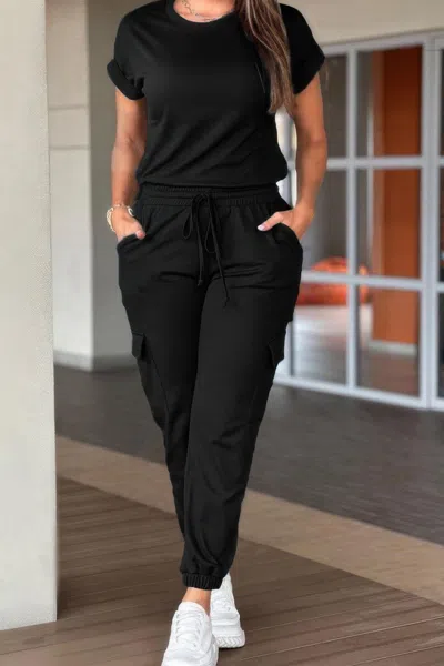 Truedames Crew Neck Short Sleeve Drawstring Waist Jumpsuit In Black