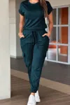 Truedames Crew Neck Short Sleeve Drawstring Waist Jumpsuit In Green