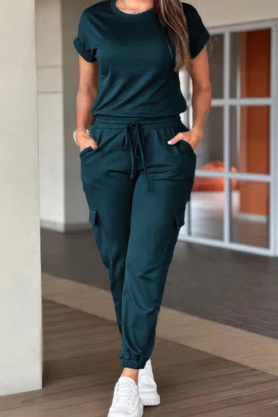 Truedames Crew Neck Short Sleeve Drawstring Waist Jumpsuit In Green