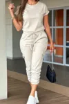 Truedames Crew Neck Short Sleeve Drawstring Waist Jumpsuit In White