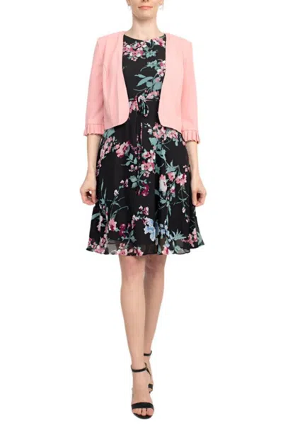 Truedames Crew Neck Sleeveless Tie Waist Floral Print Chiffon Dress With 3/4 Sleeve Textured Bolero In Blue