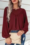 Truedames Crew Neck Solid Long Lantern Sleeve Shirt In Burgundy