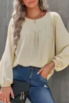 Truedames Crew Neck Solid Long Lantern Sleeve Shirt In Neutral