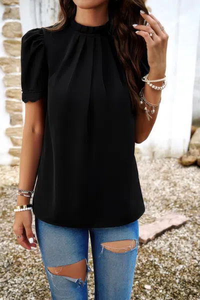 Truedames Crew Neck Solid Ruffle Loose Fit Dressy Elegant Shirt In Black