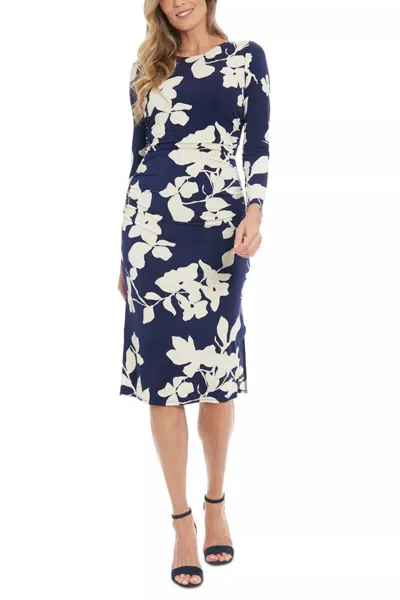 Truedames Crew Neckline Long Sleeves Ruched Side Slit Straight Fit Midi Sheath Silhouette Dress In Blue