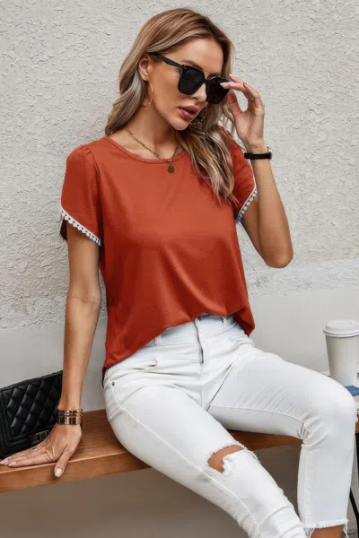 Truedames Crewneck Short Sleeve Lace Trim Loose T Shirts In Orange