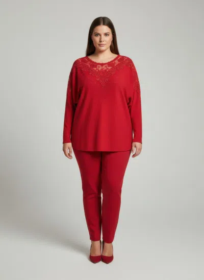 Truedames Crimson Lace Embellished Knit Tunic Top In Red