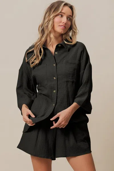 Truedames Crinkle Gauze Shirt And Short Set In Black