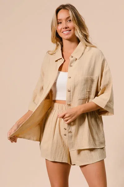 Truedames Crinkle Gauze Shirt And Short Set In Brown