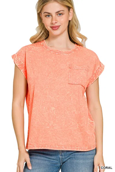Truedames Crinkle Washed Round Neck Folded Short Sleeve Tee In Pink