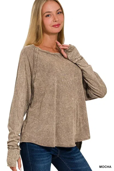 Truedames Crinkle Washed Thumb Hole Cuffs Long Sleeve Top In Brown