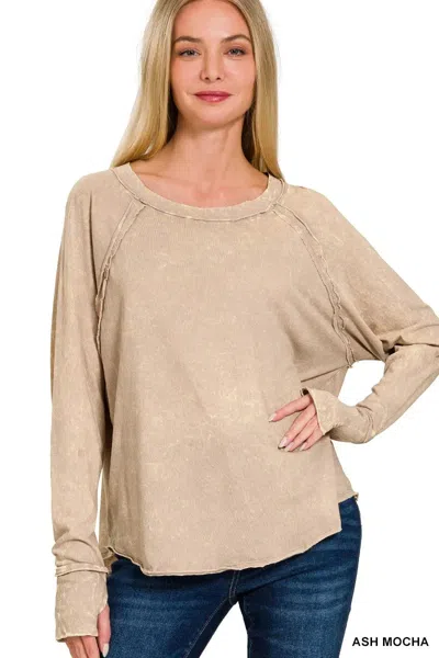 Truedames Crinkle Washed Thumb Hole Cuffs Long Sleeve Top In Brown