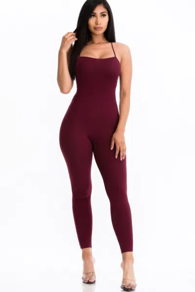Truedames Criss-cross Open Back Bodycon Jumpsuit In Red