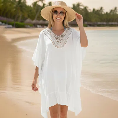 Truedames Crochet Back Beach Cover Up Poncho Dress In White