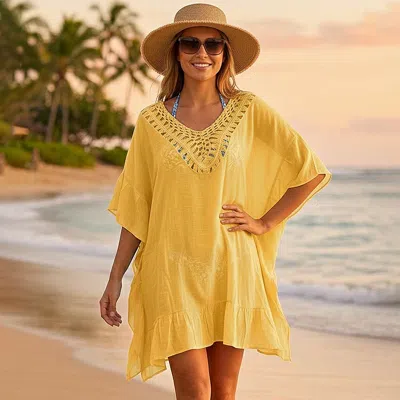 Truedames Crochet Back Beach Cover Up Poncho Dress In Yellow