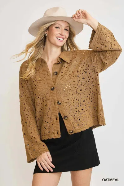 Truedames Crochet Button Down Knit Cardigan In Gold
