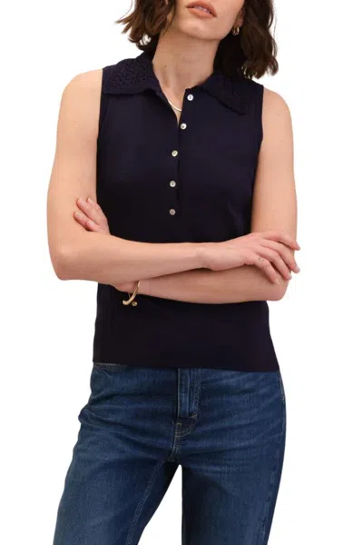 Truedames Crochet Collar Sleeveless Sweater Polo Viscose Top In Blue