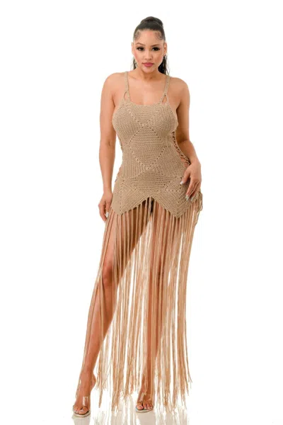 Truedames Crochet Dress Bottom Fringe In Sand