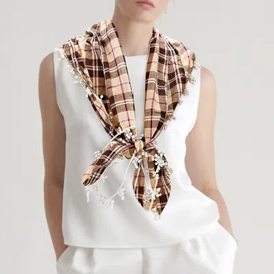 Truedames Crochet Drop Fringe Plaid Check Scarf In Brown