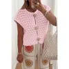 Truedames Crochet Short Sleeve Button Front Sweater In Pink
