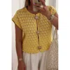 Truedames Crochet Short Sleeve Button Front Sweater In Yellow