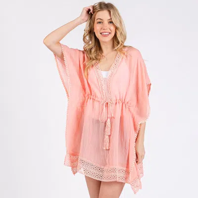Truedames Crochet Trim Front Drawstring Cover Up Poncho In Pink