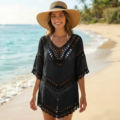 Truedames Crochet Trim V-neck Sheer Beach Cover Up Poncho In Black