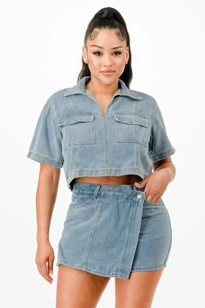 Truedames Cropped Denim Shirt And Skort Set In Multi