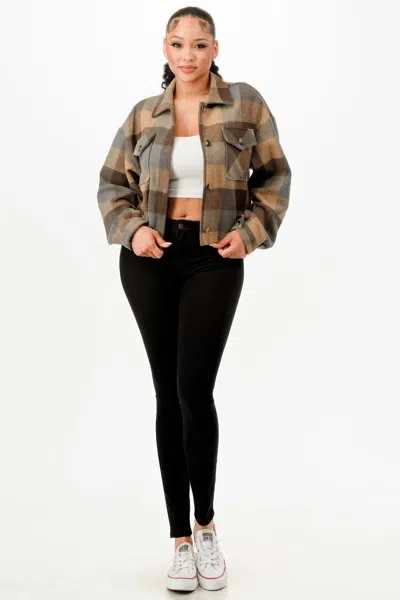 Truedames Cropped Flannel Jacket In Brown