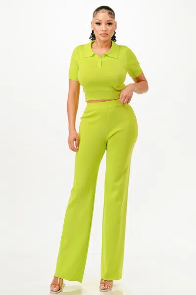 Truedames Cropped Polo Sweater Shirt And Pants Set In Green