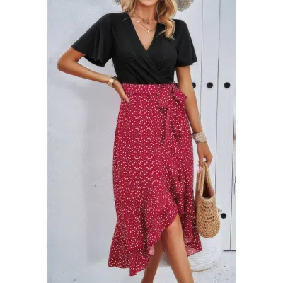 Truedames Cross Color Block Lace V Neck Belt Print Dress In Pink
