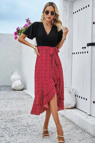 Truedames Cross Color Block Lace V Neck Belt Print Dress In Purple
