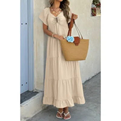 Truedames Cross Knot Color Block Pockets A Line Dress In Beige