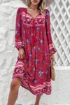 Truedames Cross Knot Floral Print Loose Fit V Neck Dress In Red