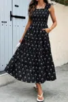 Truedames Cross Print Square Neck Sleeveless Pocket Dress In Black