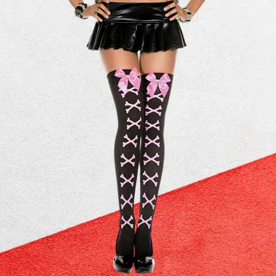 Truedames Crossbone Bow Print Halloween Costume Tight High Stockings In Black