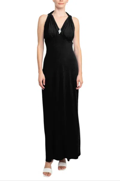 Truedames Crossed Neck Sleeveless Jewelry Front Detail Ruched Empire Waist Solid Jersey Dress In Black