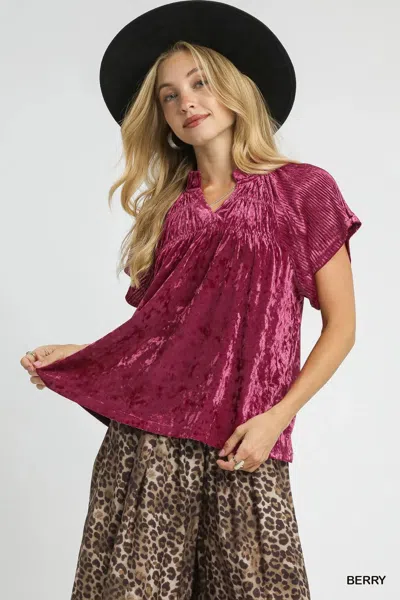 Truedames Crushed Velvet Pleated Blouse In Purple