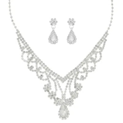 Truedames Crystal Rhinestone Pave Teardrop Necklace Set In Silver