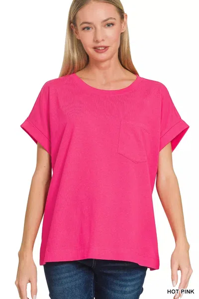 Truedames Cuffed Front Pocket Short Sleeve Tee In Pink