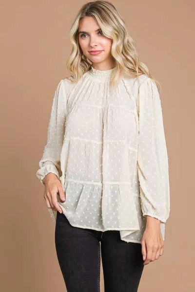 Truedames Culture Code Full Size Swiss Dot Smocked Mock Neck Blouse In White