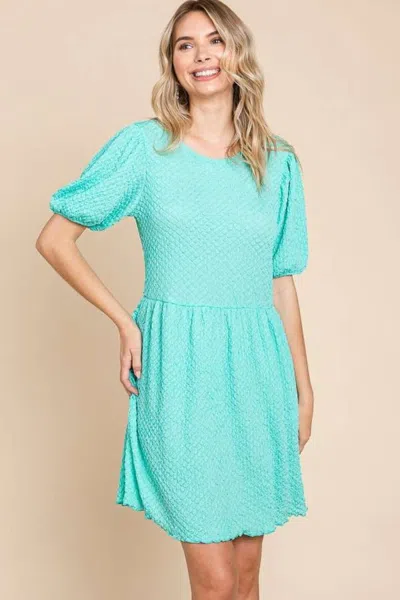 Truedames Culture Code Full Size Textured Round Neck Puff Sleeve Dress In Blue